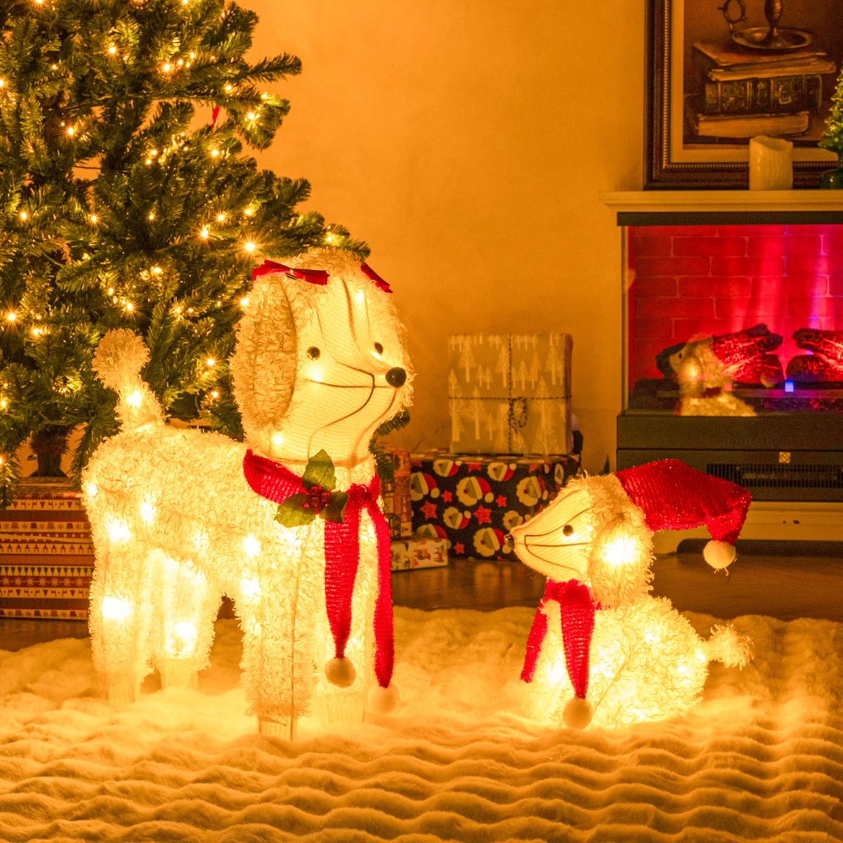 Pre-lit Mama and Baby Poodle Dogs with 60 Warm White LED Lights