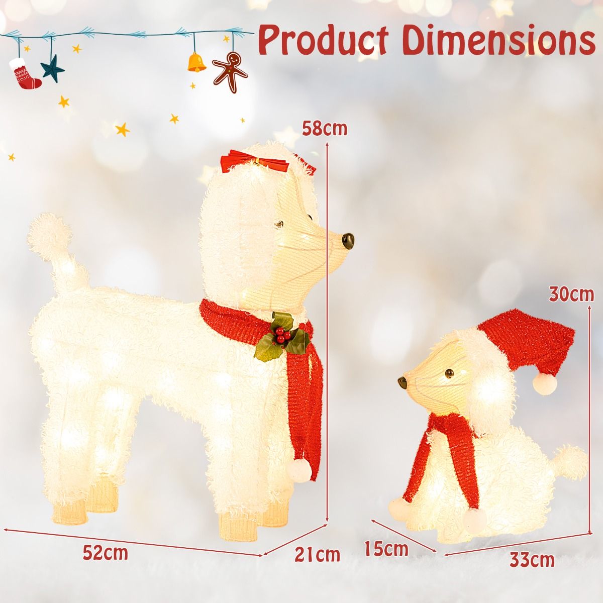 Pre-lit Mama and Baby Poodle Dogs with 60 Warm White LED Lights