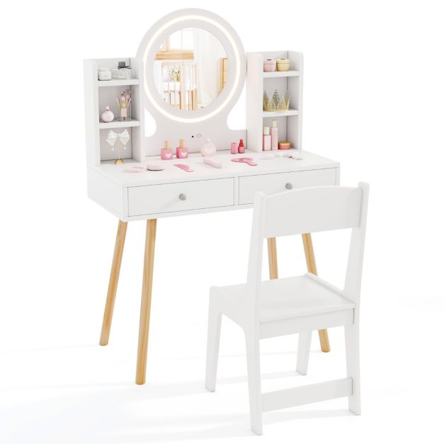 Wooden Kids Vanity Set, Princess Dressing Table and Chair Set with 2-Color Front Lit Mirror