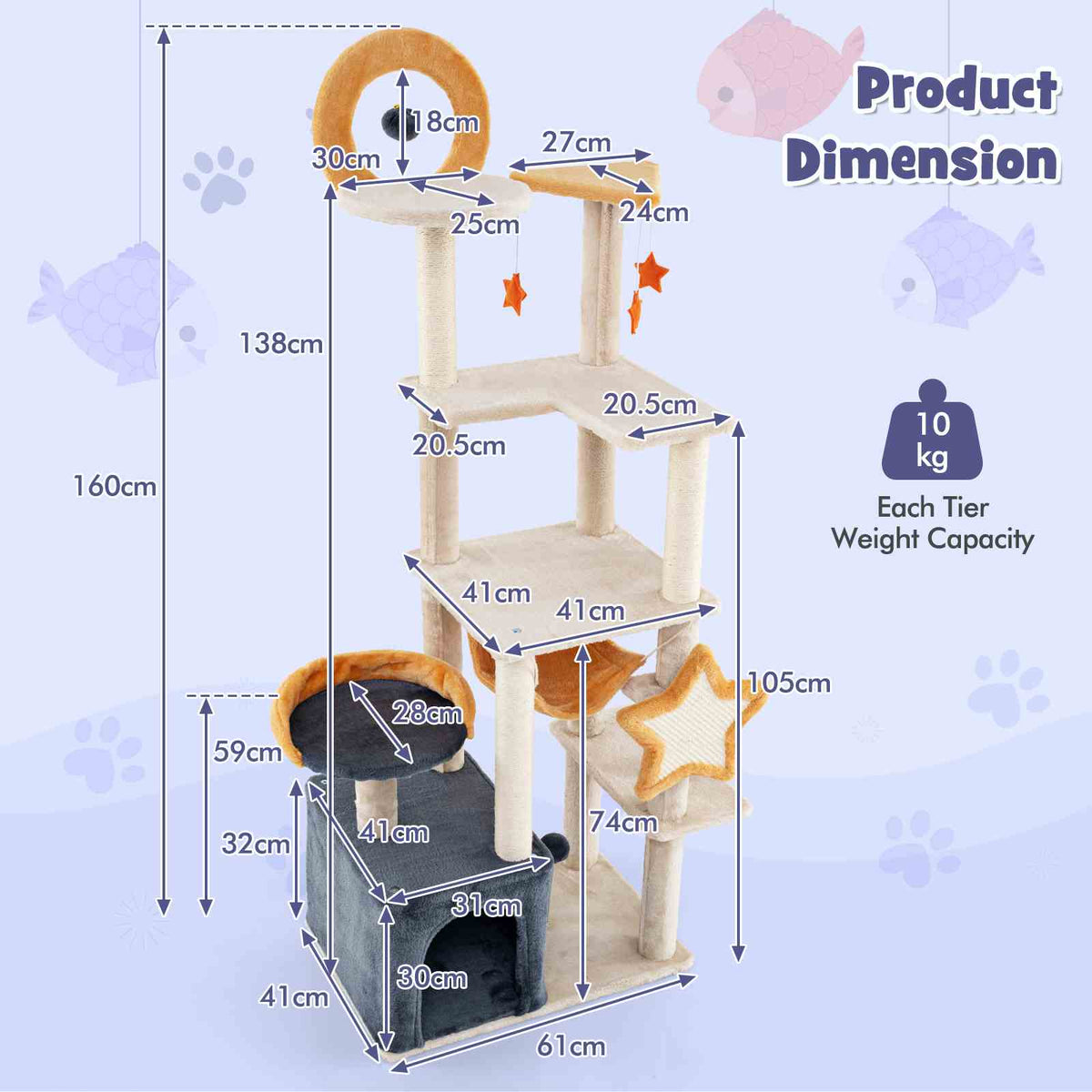 Multi-level Cute Cat Tree for Indoor Cats with Sisal Scratching Posts & Board