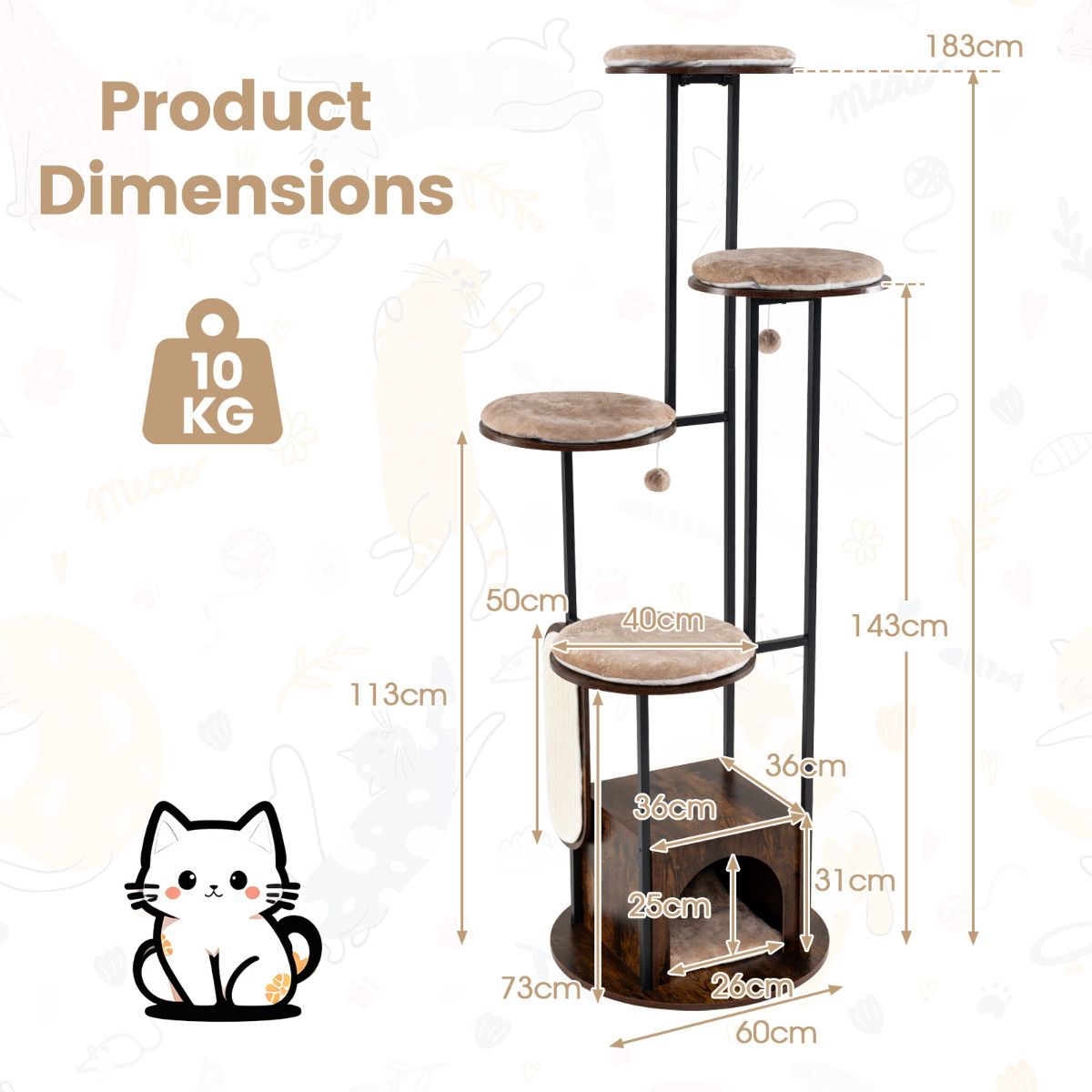 Modern Cat Tree Tower 1.8m Tall Multi-Level Cat Condo with Top Perch