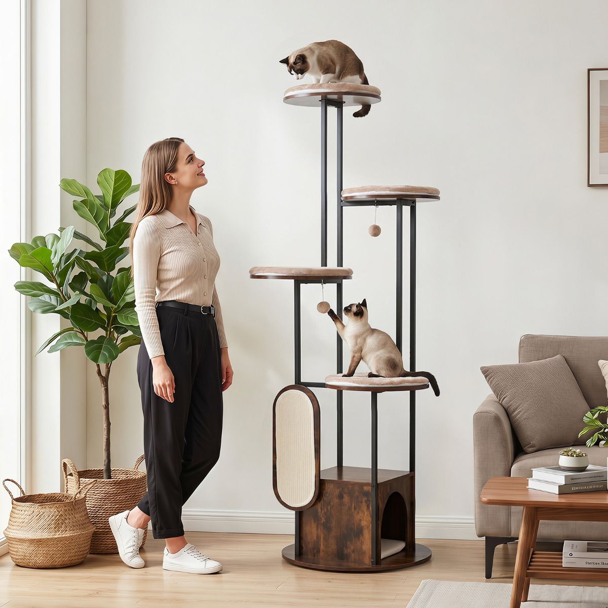 Modern Cat Tree Tower 1.8m Tall Multi-Level Cat Condo with Top Perch
