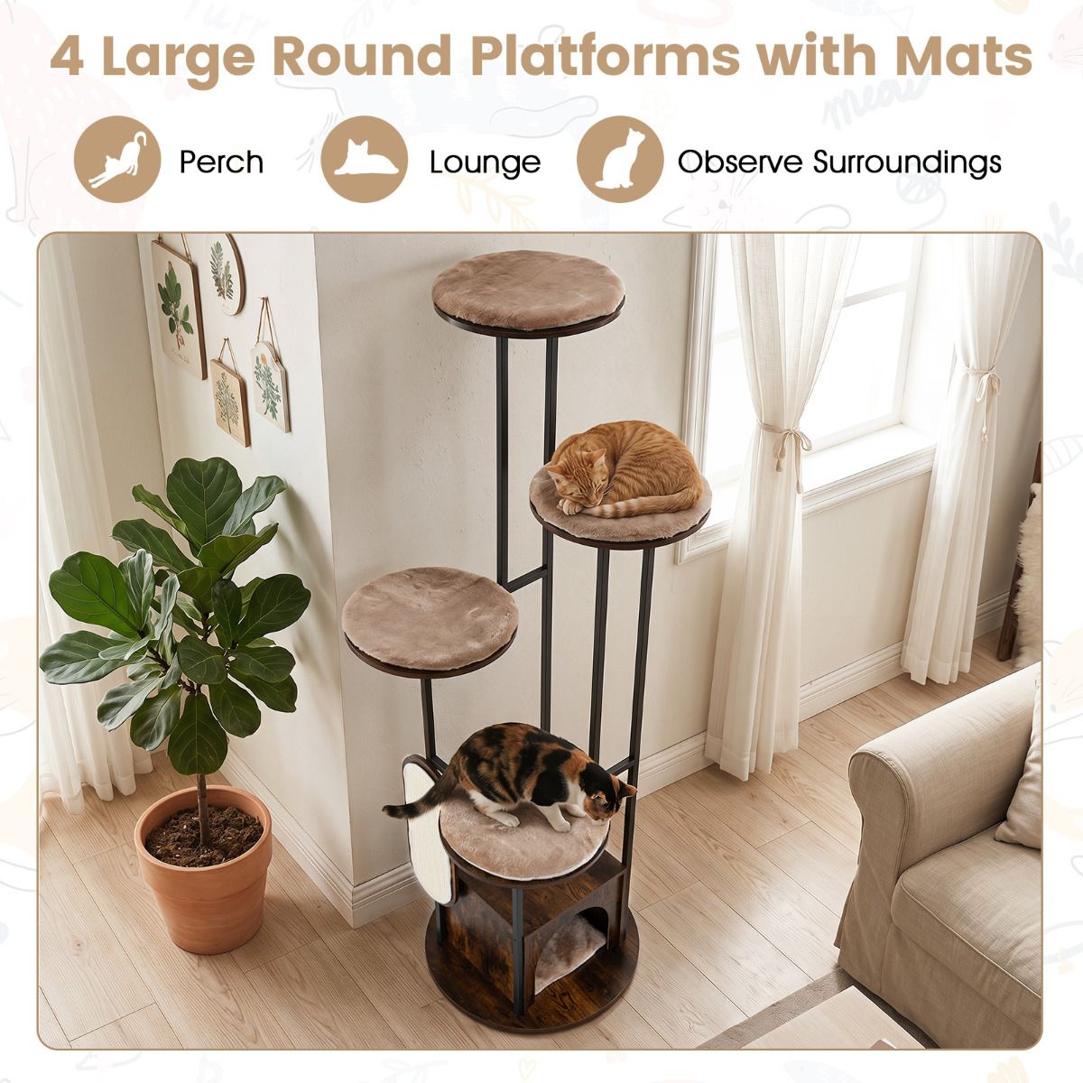 Modern Cat Tree Tower 1.8m Tall Multi-Level Cat Condo with Top Perch