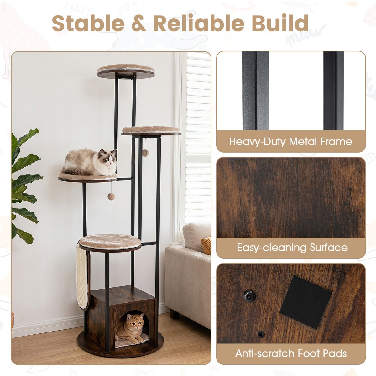 Modern Cat Tree Tower 1.8m Tall Multi-Level Cat Condo with Top Perch