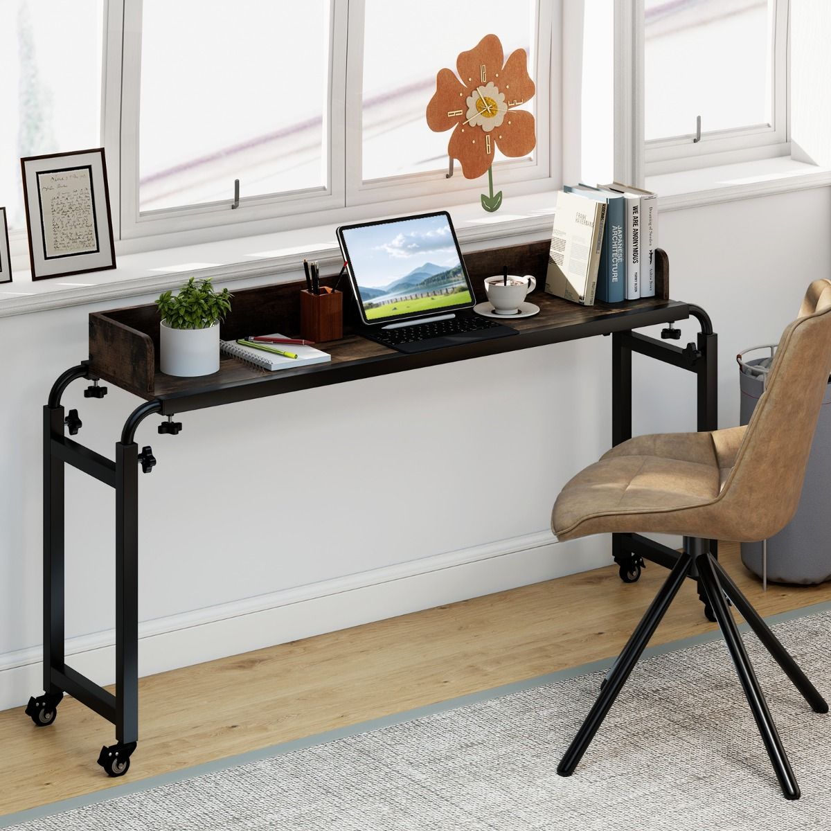 Queen Size Mobile Bed Desk with Adjustable Height and Length