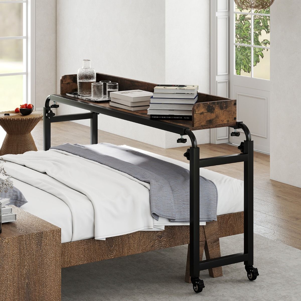 Queen Size Mobile Bed Desk with Adjustable Height and Length