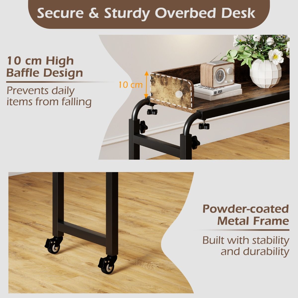 Queen Size Mobile Bed Desk with Adjustable Height and Length