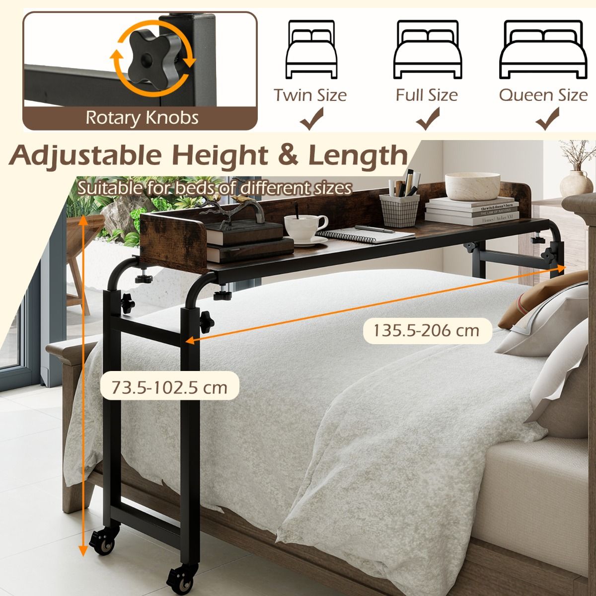 Queen Size Mobile Bed Desk with Adjustable Height and Length