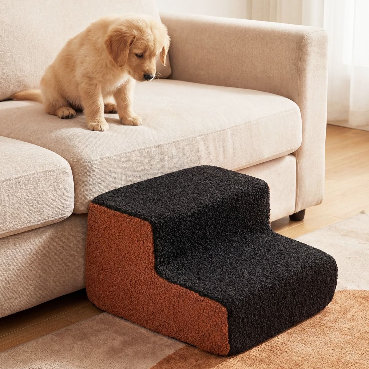 2-tier Foam Dog Ramp with Non-Slip Bottom and Washable Cover for Sofa