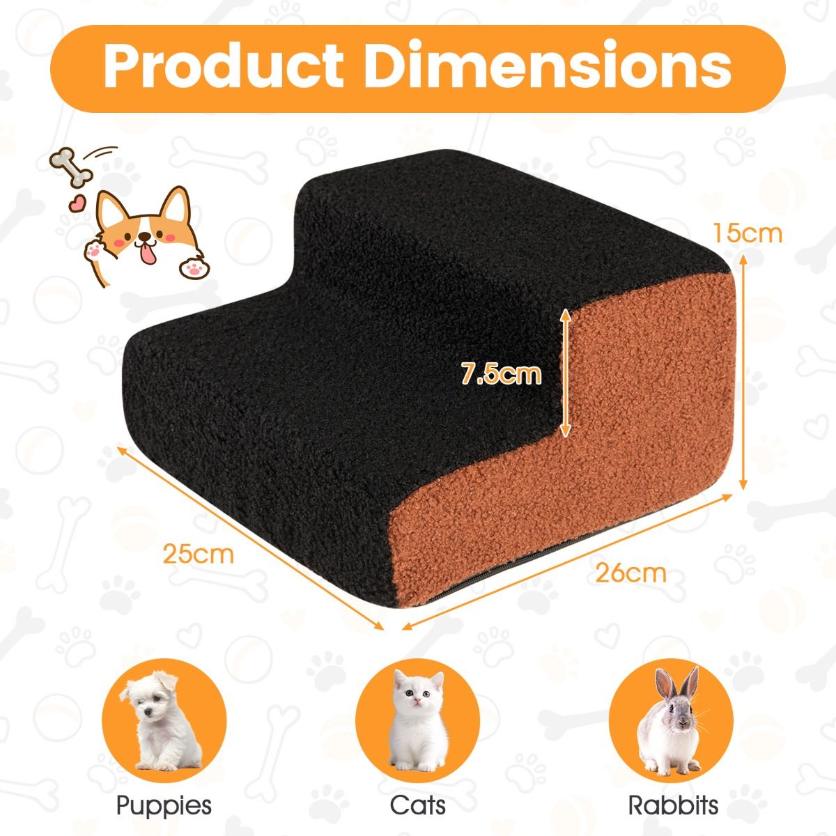 2-tier Foam Dog Ramp with Non-Slip Bottom and Washable Cover for Sofa