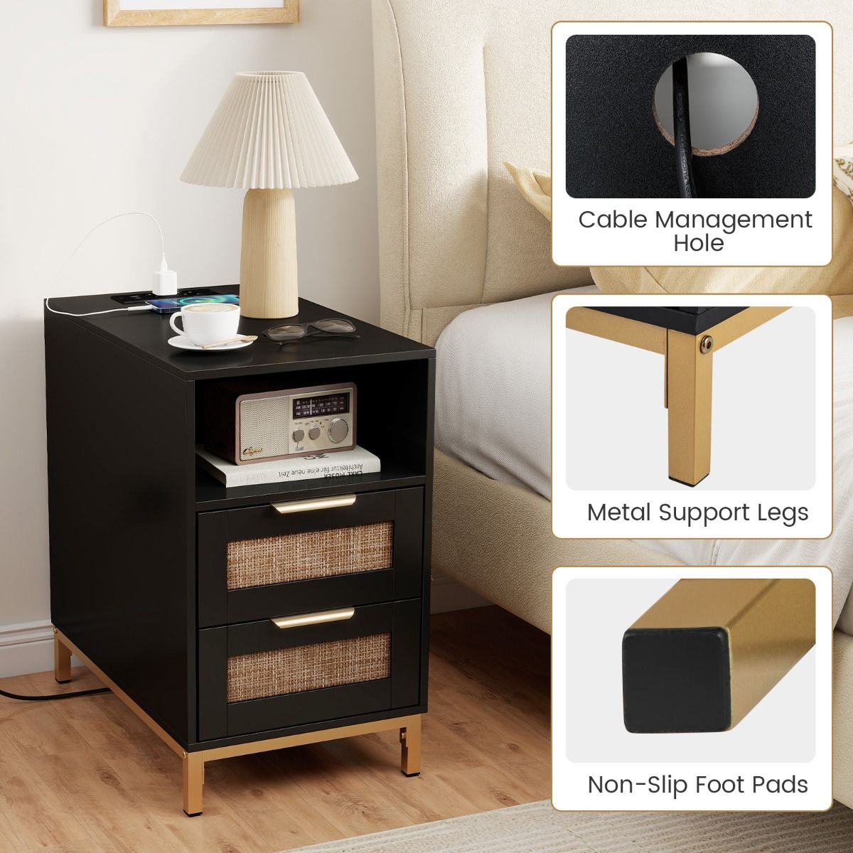 Rattan Nightstand with Charging Station and Open Storage Shelf