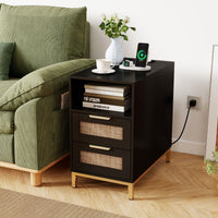 Rattan Nightstand with Charging Station and Open Storage Shelf