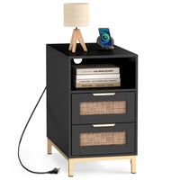 Rattan Nightstand with Charging Station and Open Storage Shelf