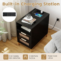 Rattan Nightstand with Charging Station and Open Storage Shelf