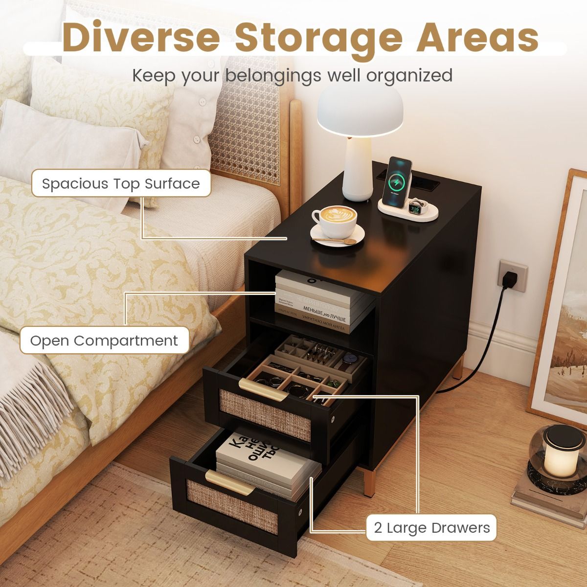 Rattan Nightstand with Charging Station and Open Storage Shelf