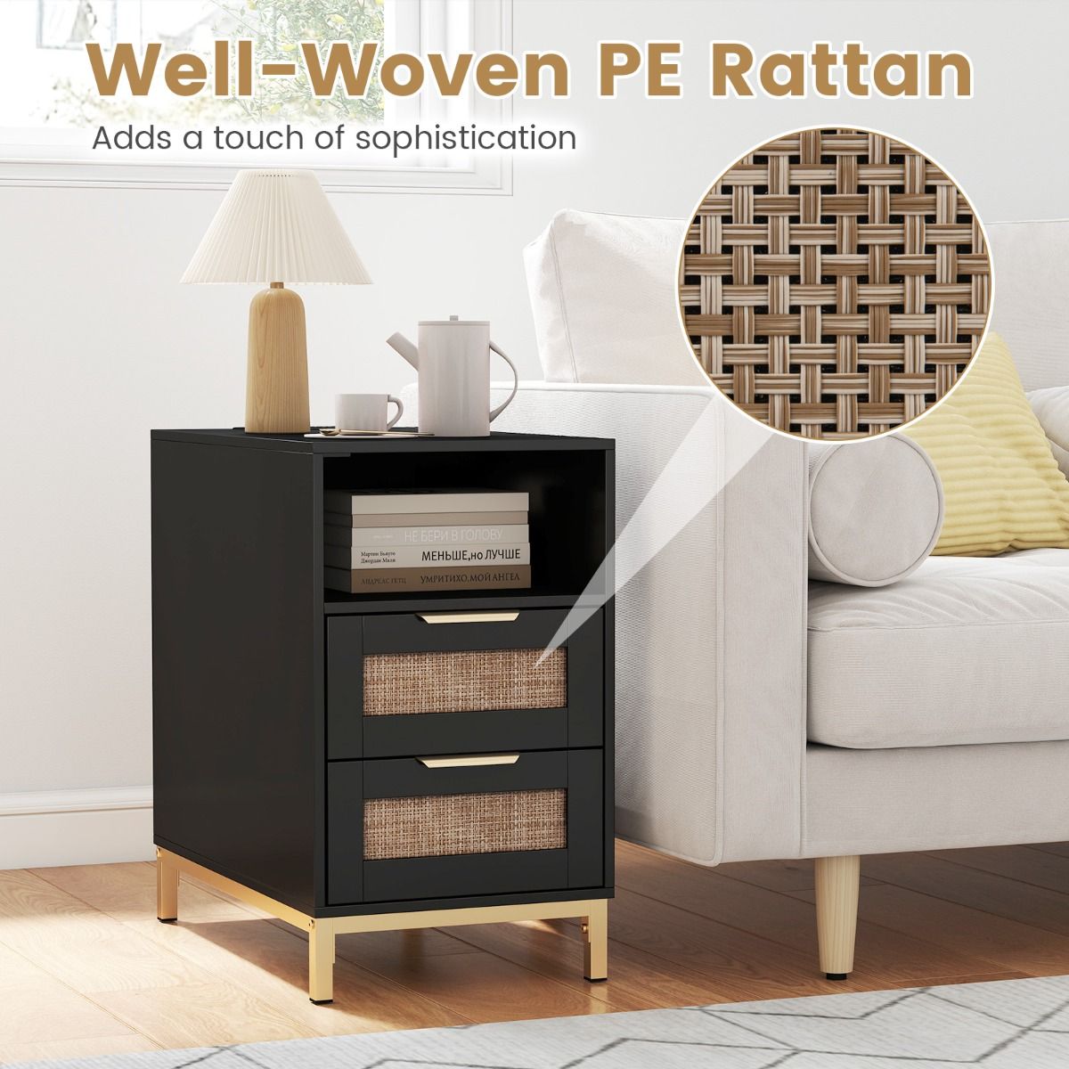 Rattan Nightstand with Charging Station and Open Storage Shelf