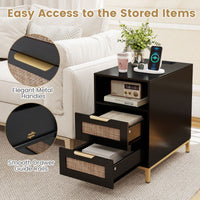 Rattan Nightstand with Charging Station and Open Storage Shelf