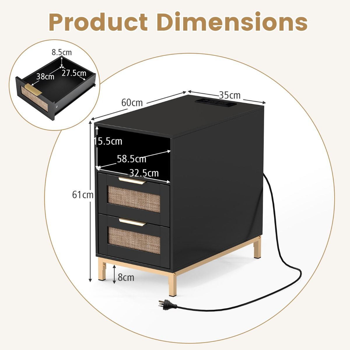 Rattan Nightstand with Charging Station and Open Storage Shelf