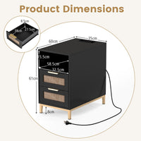 Rattan Nightstand with Charging Station and Open Storage Shelf