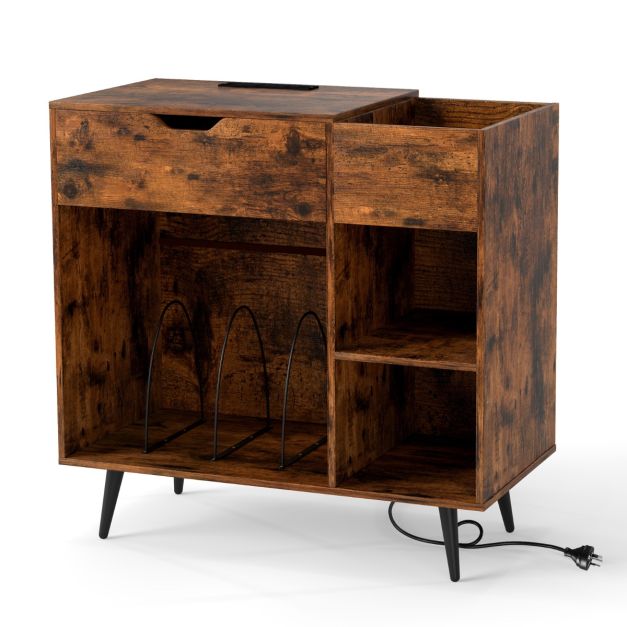 Record Player Stand with Power Outlets and Album Storage