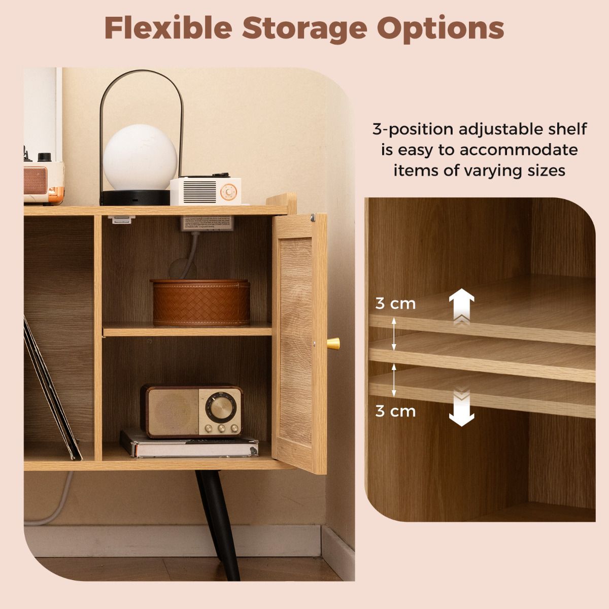 Record Player Stand with Charging Station and Rattan Cabinet