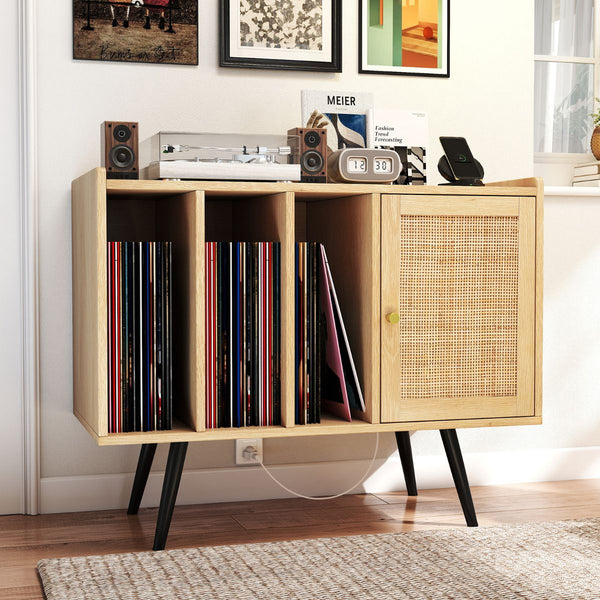 Record Player Stand with Charging Station and Rattan Cabinet