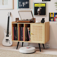 Record Player Stand with Charging Station and Rattan Cabinet