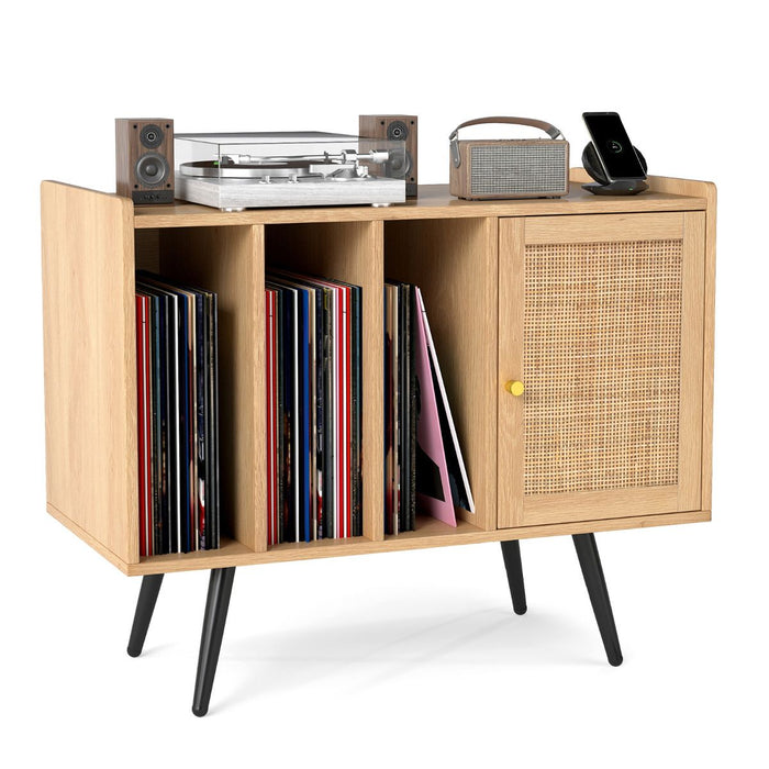 Record Player Stand with Charging Station and Rattan Cabinet