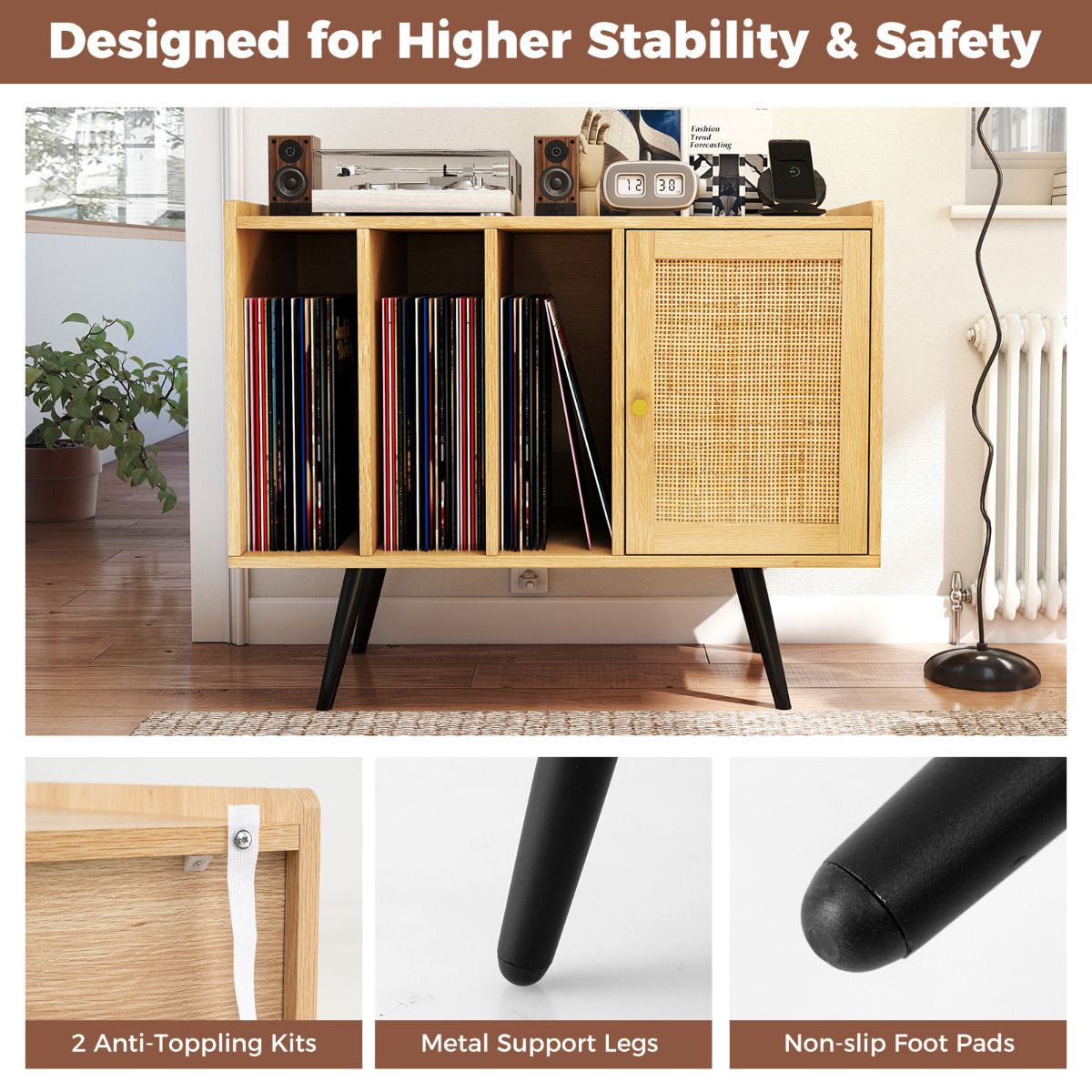 Record Player Stand with Charging Station and Rattan Cabinet