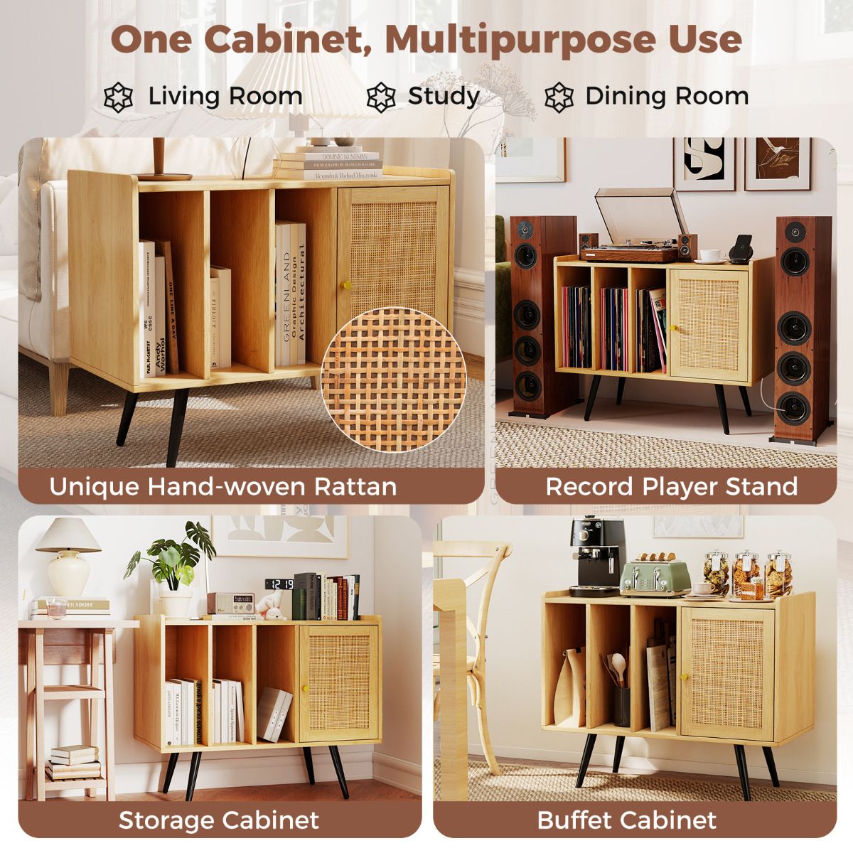 Record Player Stand with Charging Station and Rattan Cabinet