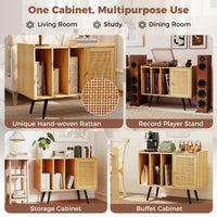 Record Player Stand with Charging Station and Rattan Cabinet