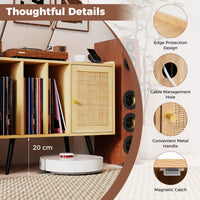 Record Player Stand with Charging Station and Rattan Cabinet