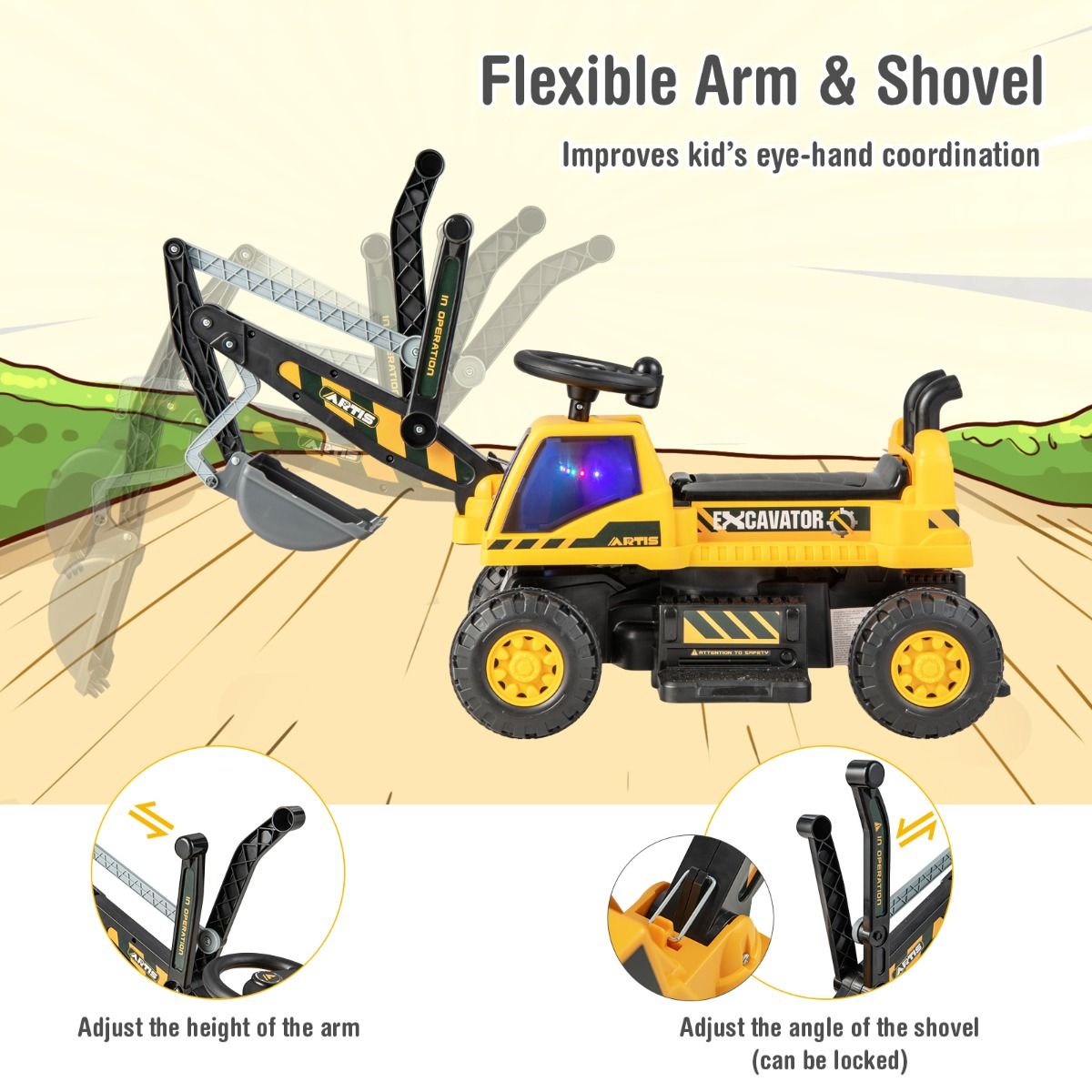 Ride-on Excavator with Music LED Lights and 30° Rotatable for Kids