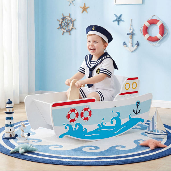Wooden Rocking Ship with Nautical Theme for 1-5 Years Old Kids