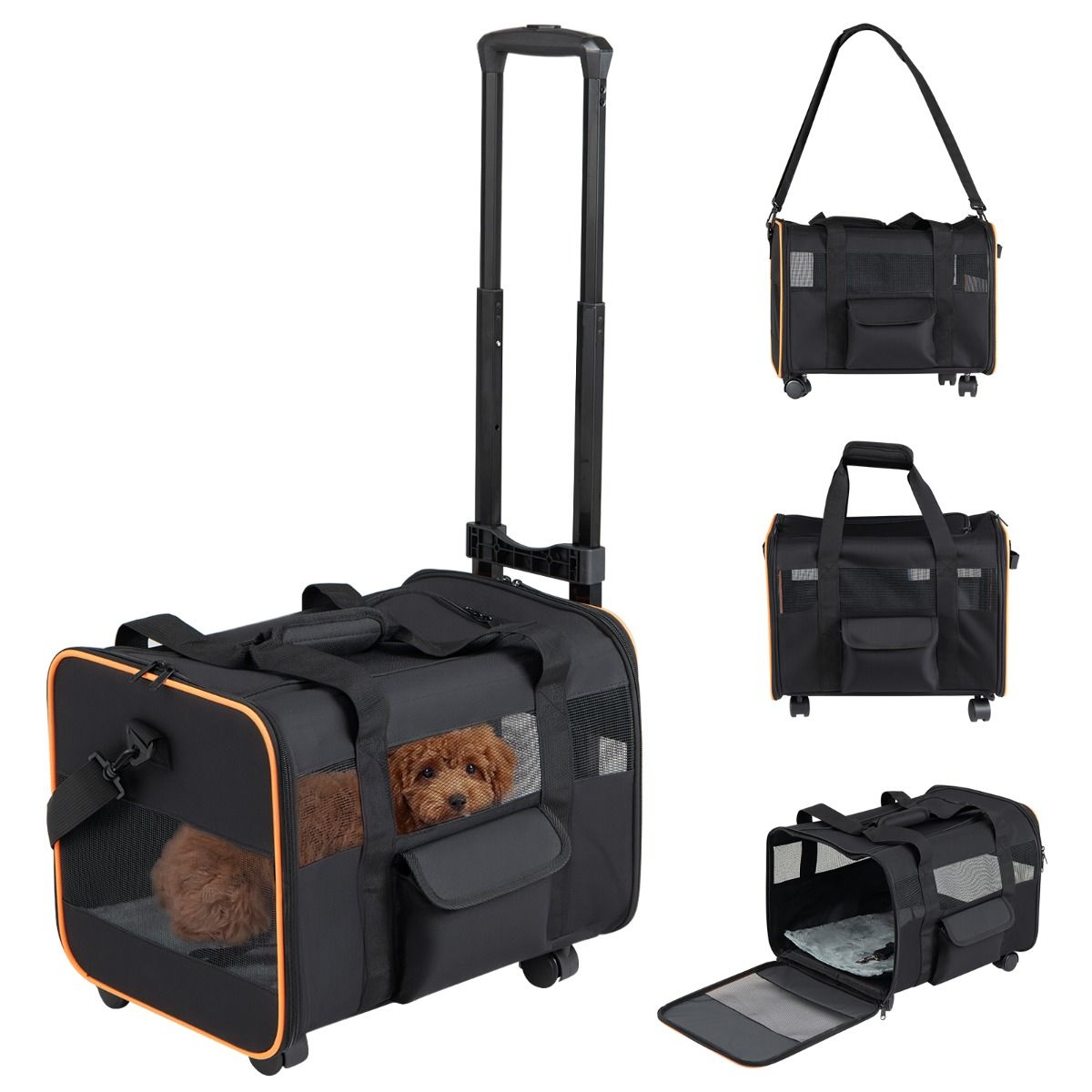 Rolling Pet Carrier Soft-sided Dog Travel Crate with Telescopic Handle