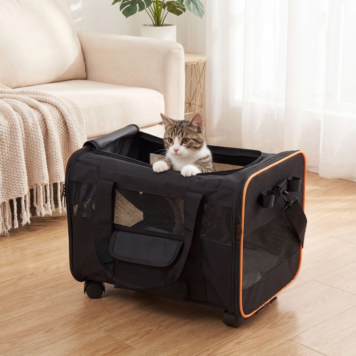 Rolling Pet Carrier Soft-sided Dog Travel Crate with Telescopic Handle