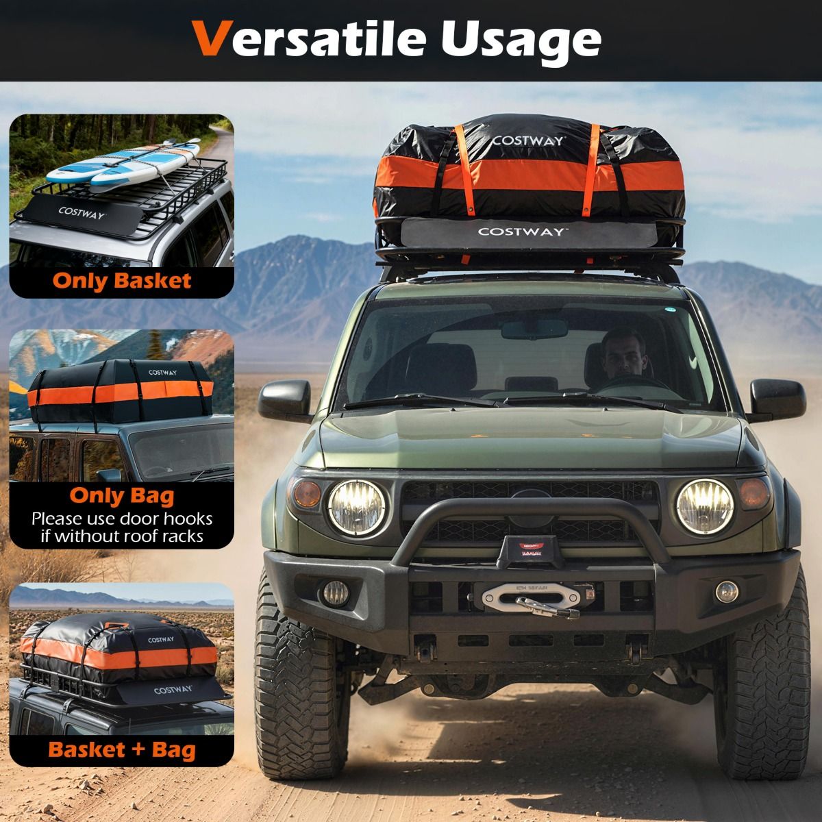 Roof Cargo Basket with 425L Waterproof Bag and 90kg Load for SUV