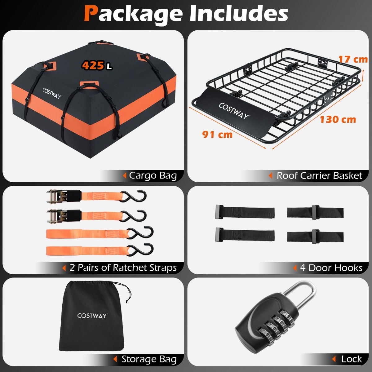 Roof Cargo Basket with 425L Waterproof Bag and 90kg Load for SUV