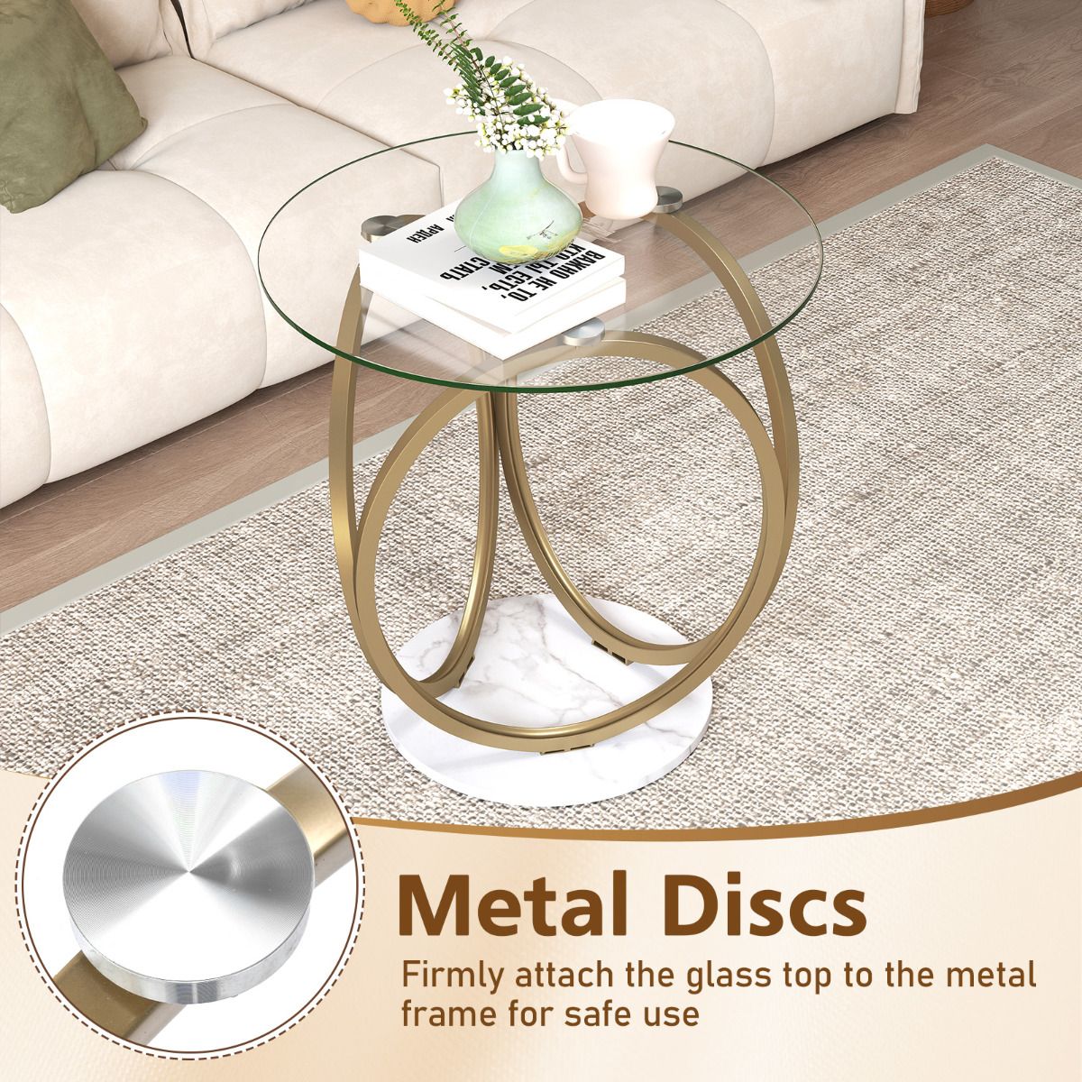 Round Glass Coffee Table with Geometric Gold Metal Ring Frame