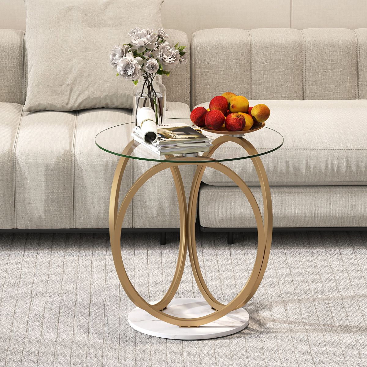 Round Glass Coffee Table with Geometric Gold Metal Ring Frame