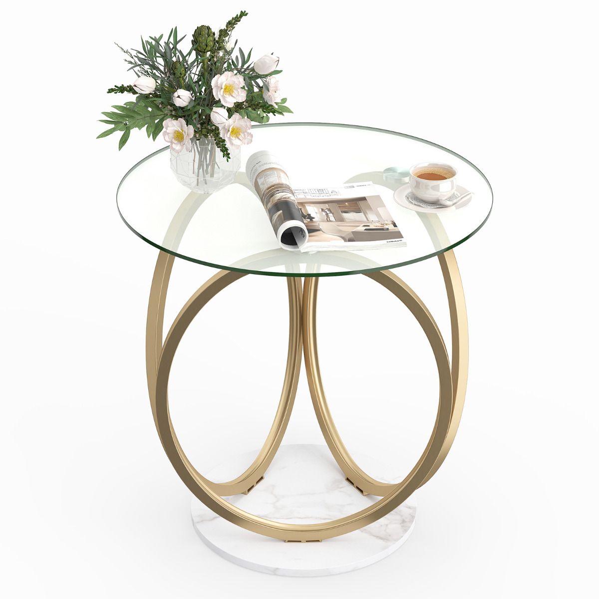 Round Glass Coffee Table with Geometric Gold Metal Ring Frame