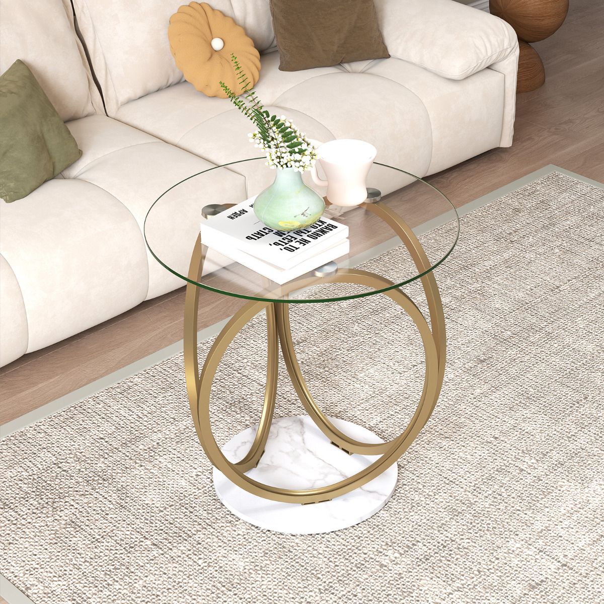 Round Glass Coffee Table with Geometric Gold Metal Ring Frame