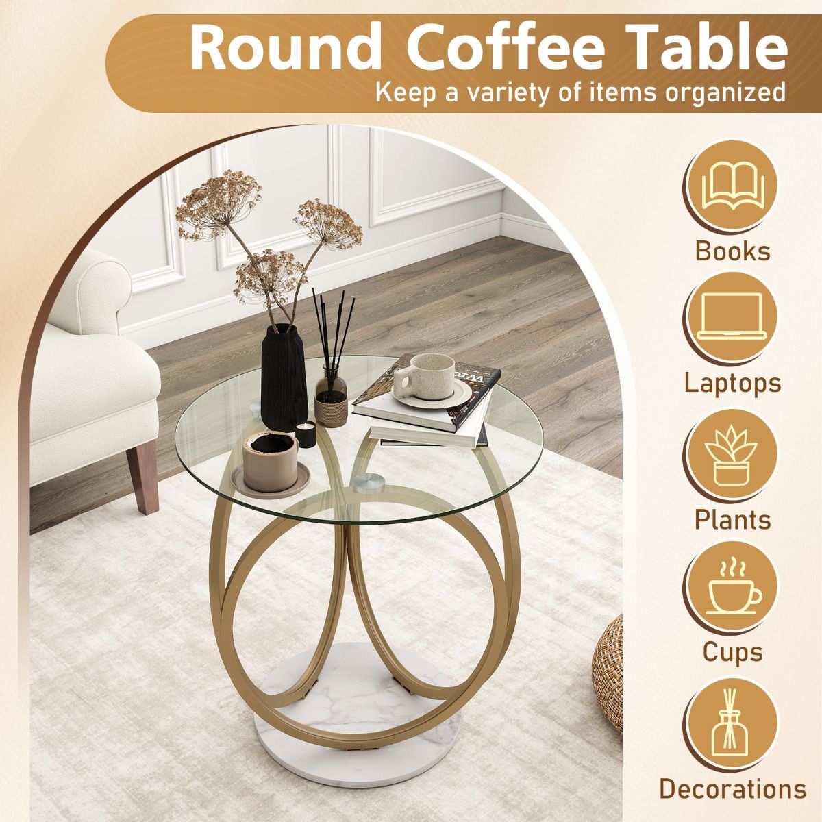 Round Glass Coffee Table with Geometric Gold Metal Ring Frame
