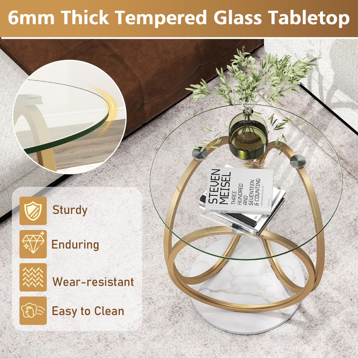 Round Glass Coffee Table with Geometric Gold Metal Ring Frame