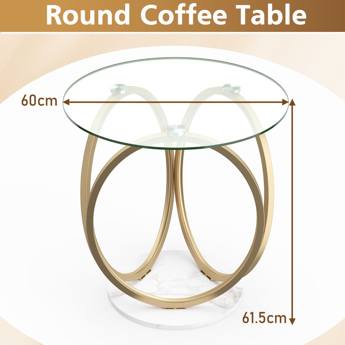 Round Glass Coffee Table with Geometric Gold Metal Ring Frame