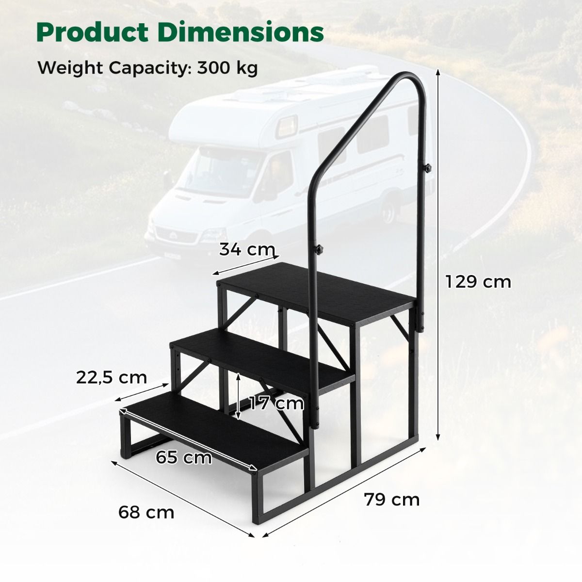 RV Step with Handrail and Wide Anti-Slip Platforms for Porch