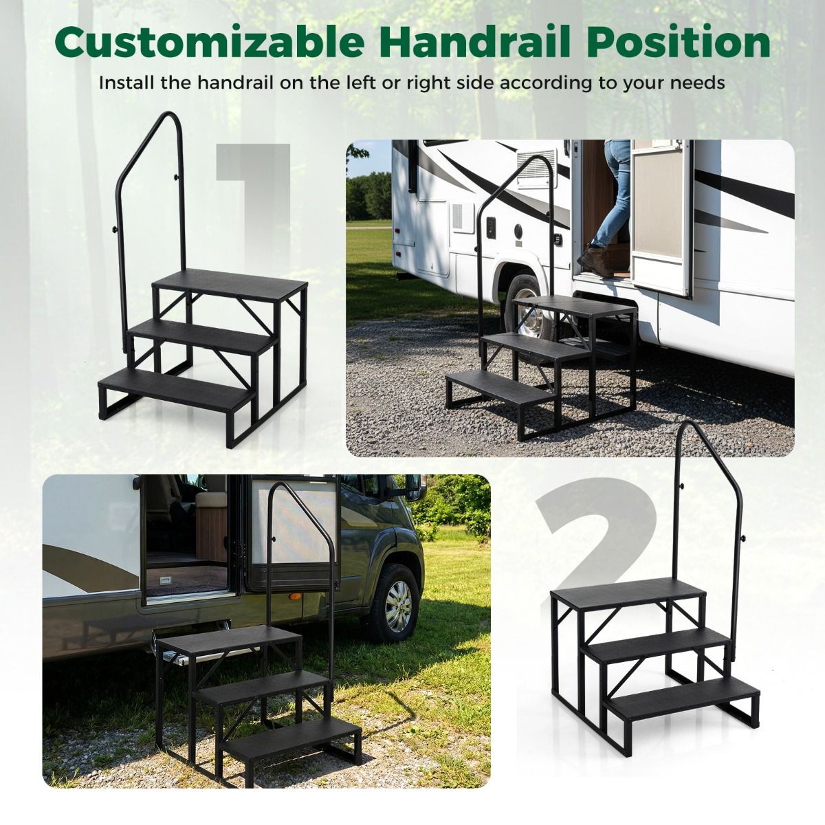 RV Step with Handrail and Wide Anti-Slip Platforms for Porch