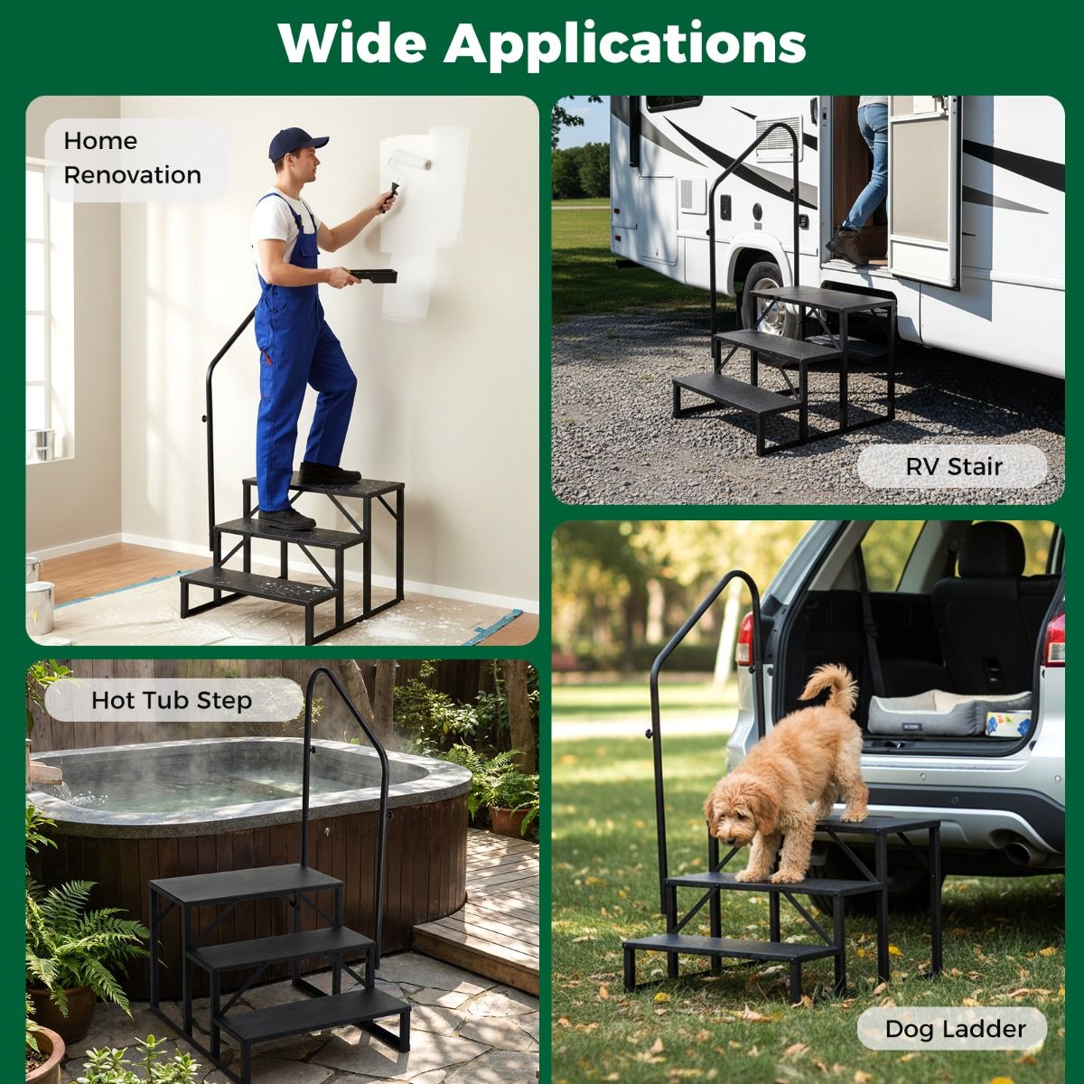 RV Step with Handrail and Wide Anti-Slip Platforms for Porch