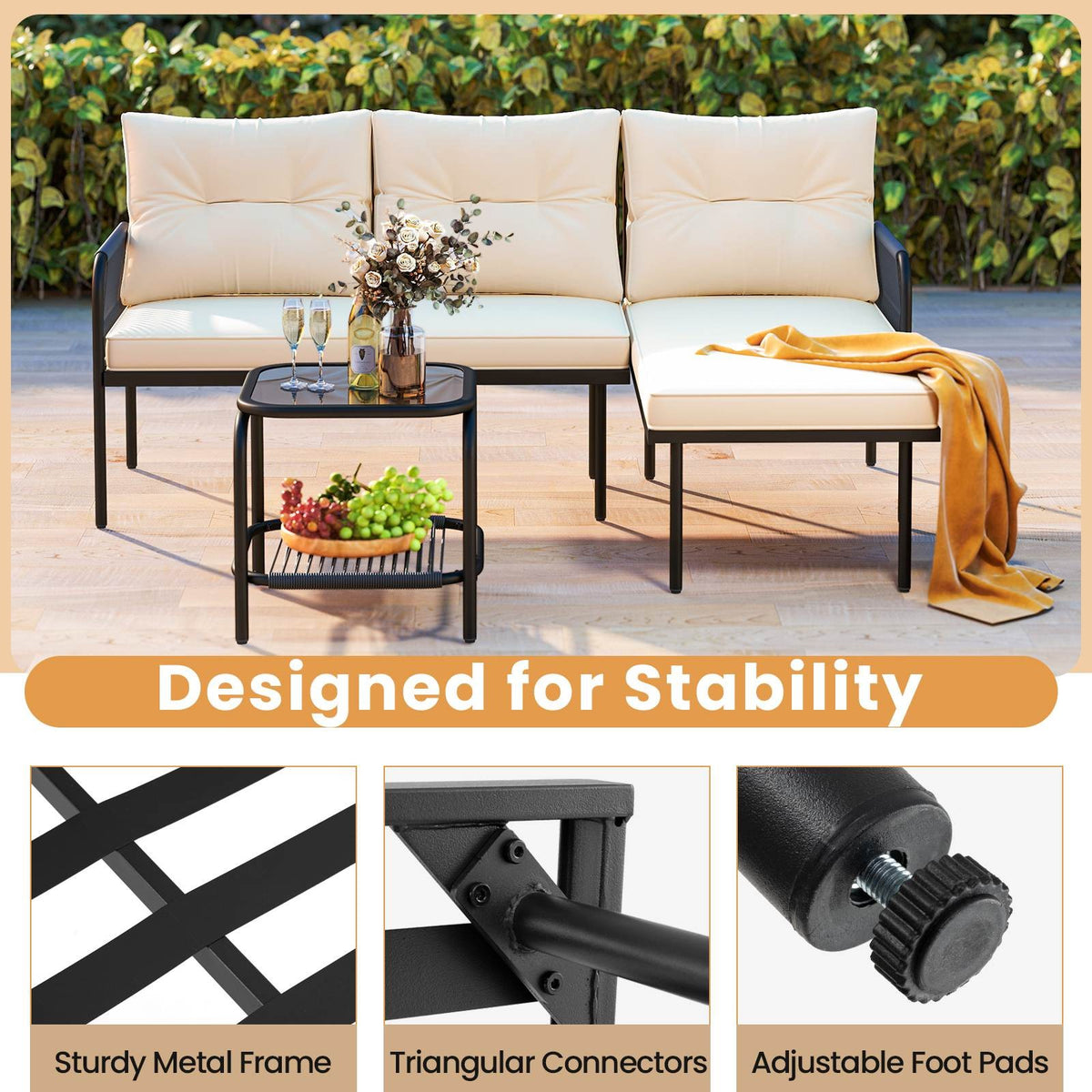 3-Piece Patio Sectional Sofa Set w/ Thick Cushions & Detachable Lounger for Yard