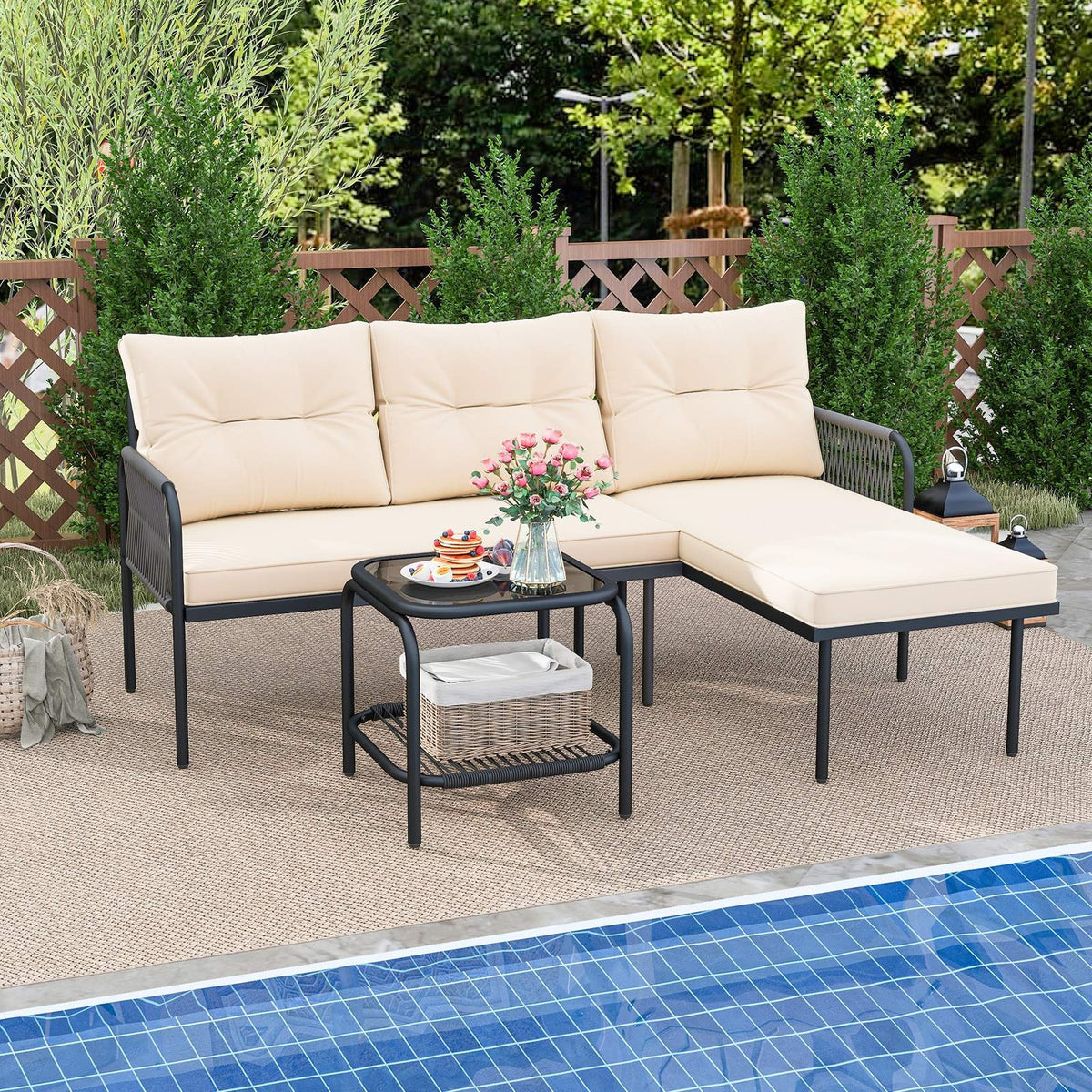 3-Piece Patio Sectional Sofa Set w/ Thick Cushions & Detachable Lounger for Yard